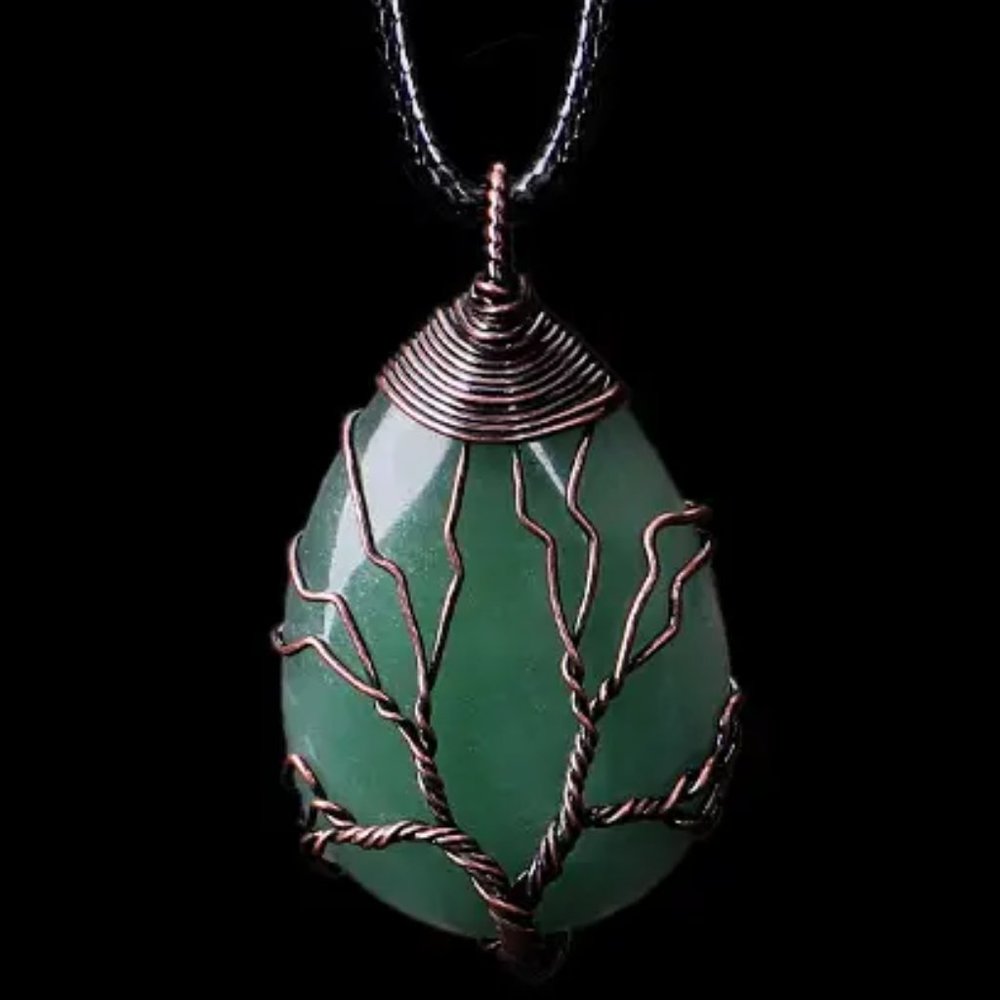 Green Aventurine Natural Gemstone Tree Of Life Copper Wire Wrap Pendant Necklace